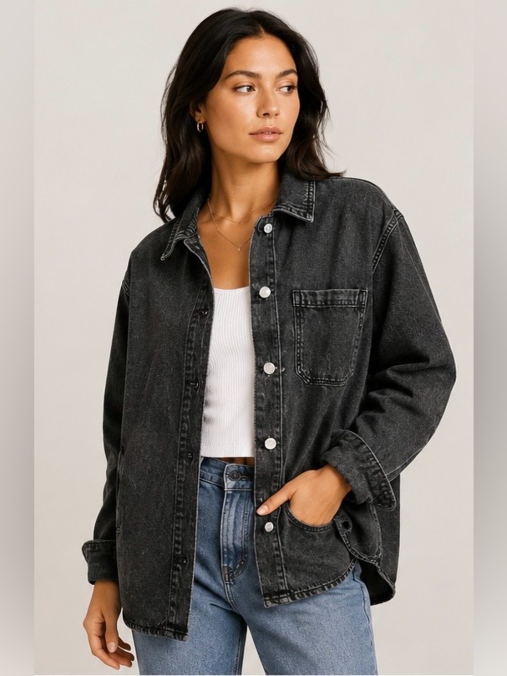 Molino Black Denim Oversized Shacket Shirt Jacket 100% Cotton Size S